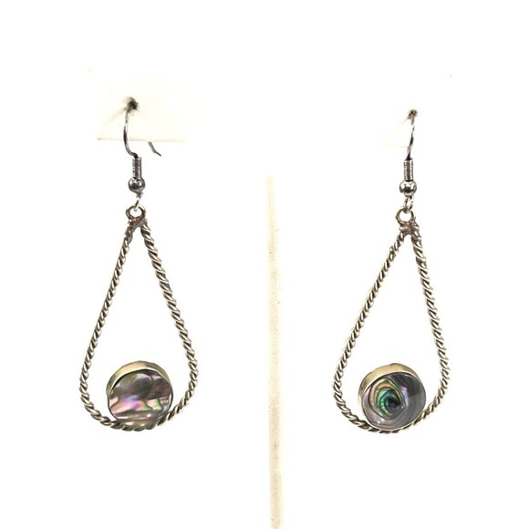 Vintage Alpaca Mexico Teardrop Earrings With Abalone Inlay & Twist Design For Wo - Picture 3 of 9